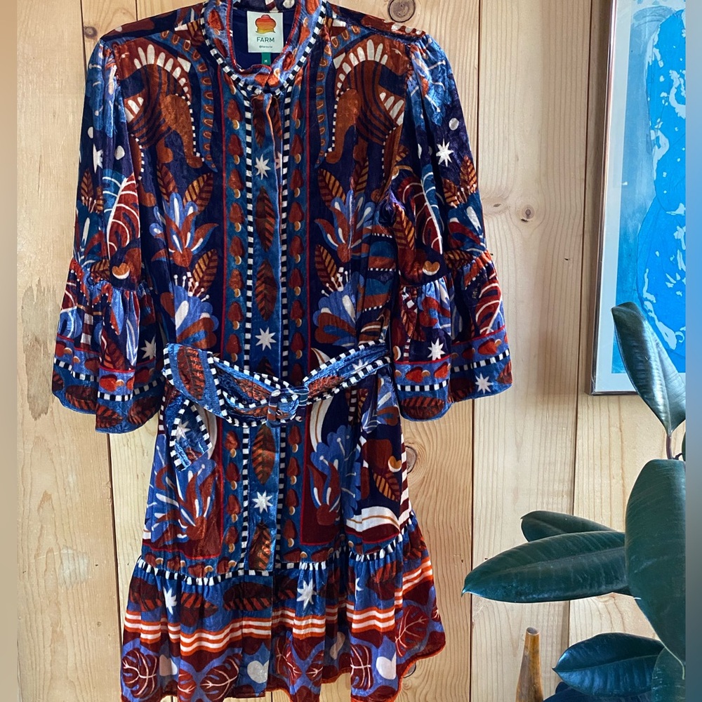 Farm Rio Nature Beauty Blue Scarf Mini Dress